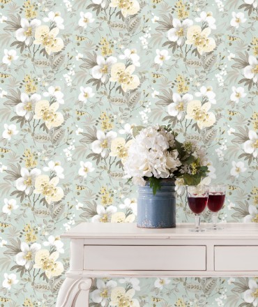 Papel pintado flores fondo verde pálido Adele Garden 127536