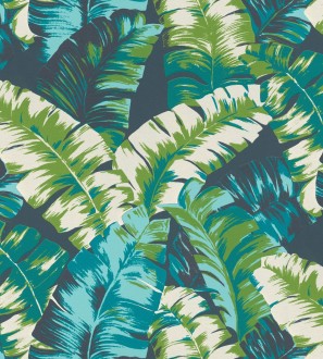 Papel pintado hojas grandes estilo tropical verde y azul Sunset Palms 127698