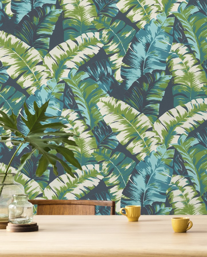 Papel pintado hojas grandes estilo tropical verde y azul Sunset Palms 127698