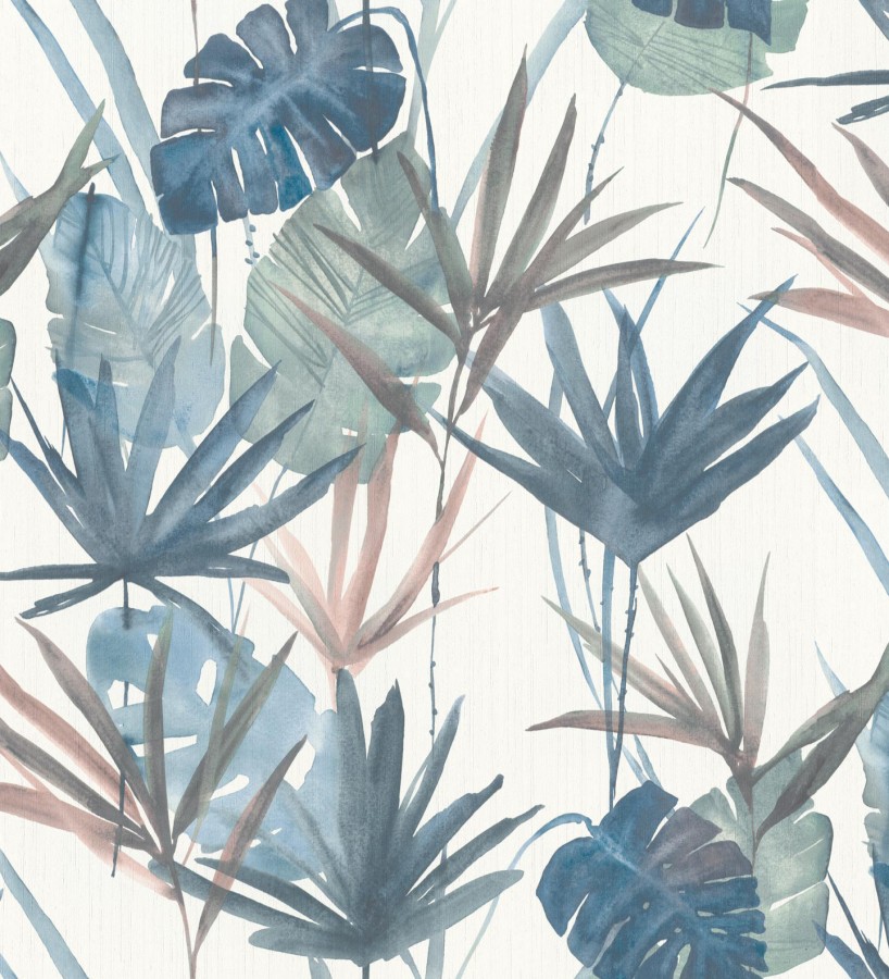 Papel pintado hojas estilo tropical tonos azules Eleanor 127701