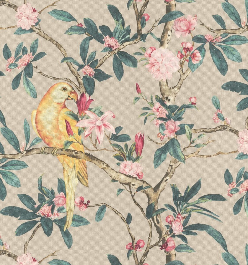 Papel pintado pájaros en árbol de flores fondo beige tostado Leila Birds 127713