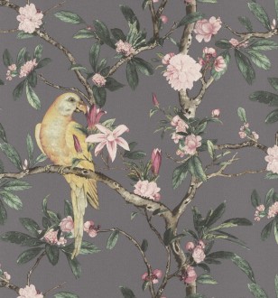 Papel pintado pájaros en árbol de flores fondo gris oscuro Leila Birds 127714