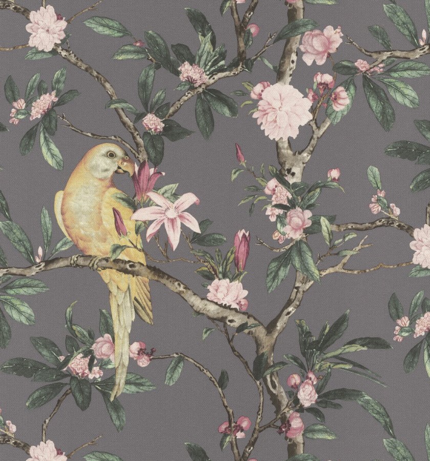 Papel pintado pájaros en árbol de flores fondo gris oscuro Leila Birds 127714