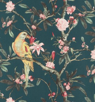 Papel pintado pájaros en árbol de flores fondo verde oscuro Leila Birds 127715