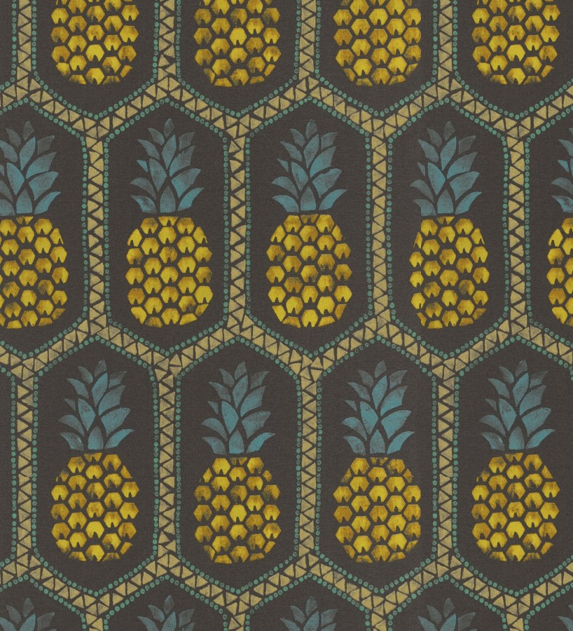 Papel pintado celosías de piñas amarillas estilo tropical fondo negro   Malibu Fruit 127739