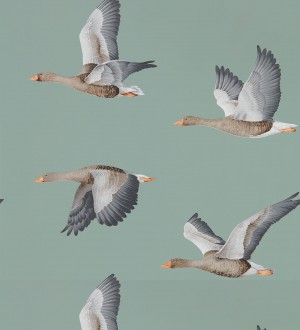 Papel pintado aves volando fondo verde grisáceo Sajonia Birds 127770