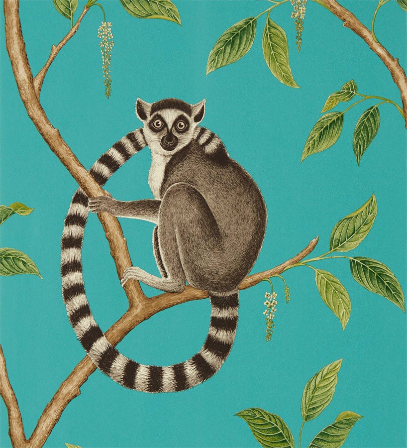 Papel pintado lemures en ramas fondo turquesa Lemur Garden 127793
