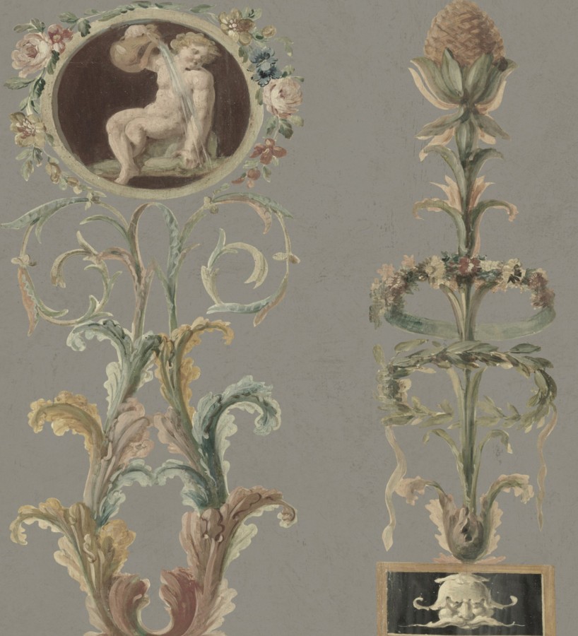 Papel pintado volutas ornamentales con retrato camafeo Penville 127961