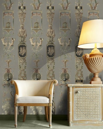 Papel pintado volutas ornamentales con retrato camafeo Penville 127961