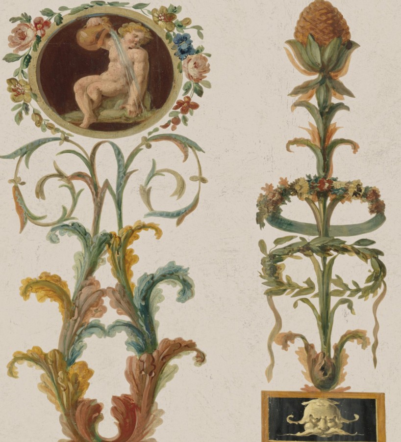 Papel pintado volutas ornamentales con retrato camafeo Penville 127962