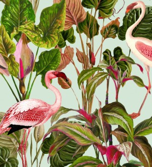 Papel pintado flamencos rosas en la vegetación tropical Pink Wader 128122