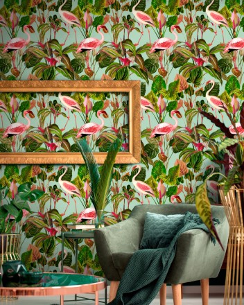 Papel pintado flamencos rosas en la vegetación tropical Pink Wader 128122