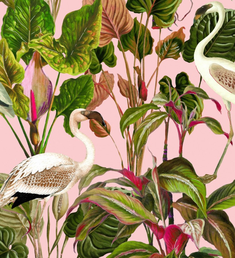 Papel pintado flamencos beiges en la vegetación tropical Pink Wader 128123