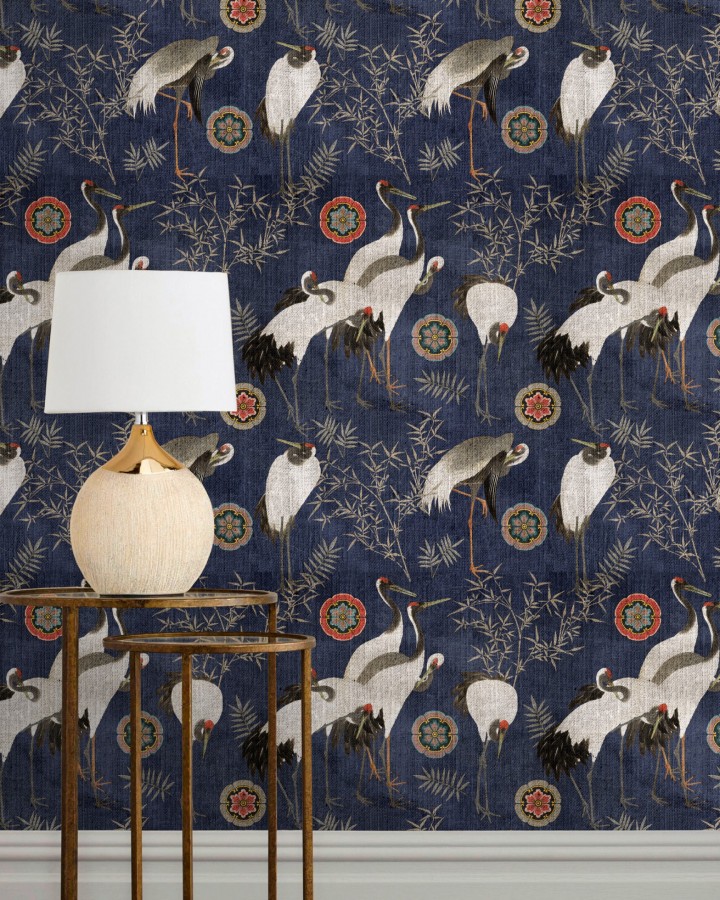 Papel pintado cigüeñas fondo azul  Yun Garden 128156