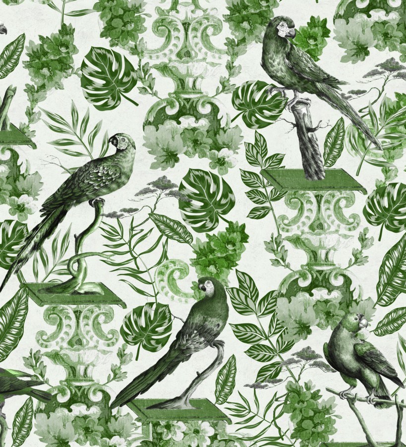 Papel pintado loros y hojas de selva tropical verdes  Jade Parrots 128191