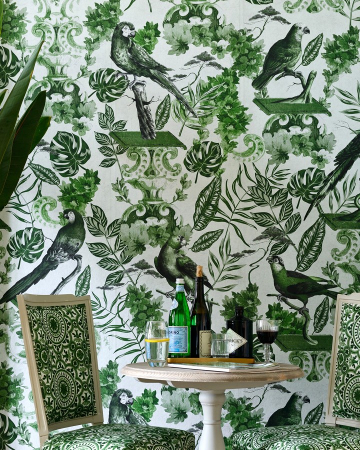 Papel pintado loros y hojas de selva tropical verdes  Jade Parrots 128191