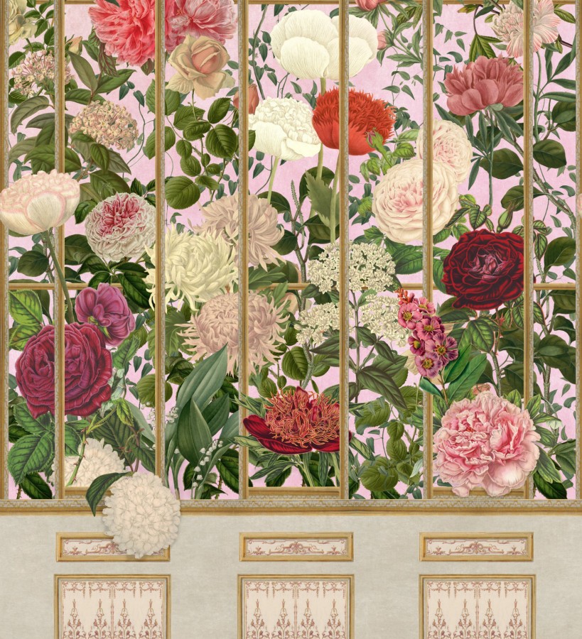 Papel pintado jardín de camelias visto a través de una reja Hana Window 128223