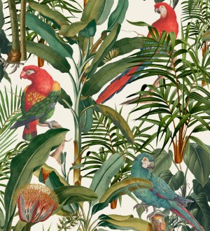 Papel pintado loros en las ramas de plantas tropicales fondo claro Cameron Island 128264