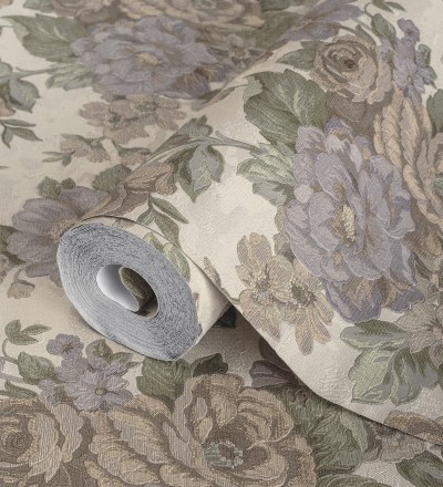 Papel pintado flores románticas barrocas efecto bordado con relieve Anastasia Garden 676417