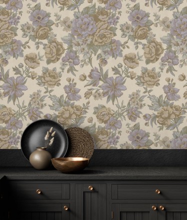 Papel pintado flores románticas barrocas efecto bordado con relieve Anastasia Garden 676417