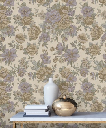 Papel pintado flores románticas barrocas efecto bordado con relieve Anastasia Garden 676417