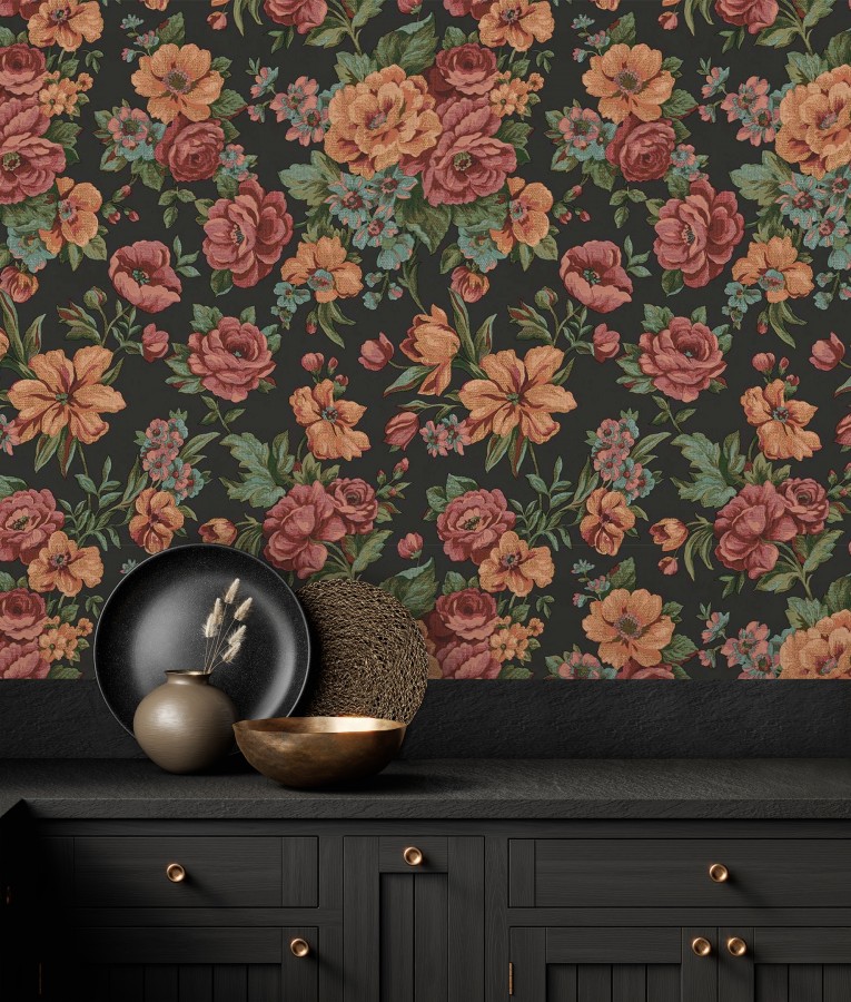 Papel pintado flores románticas barrocas efecto bordado con relieve Anastasia Garden 676420