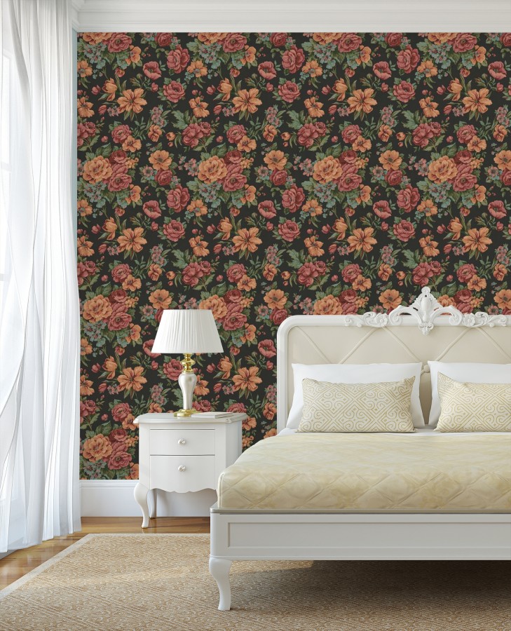 Papel pintado flores románticas barrocas efecto bordado con relieve Anastasia Garden 676420