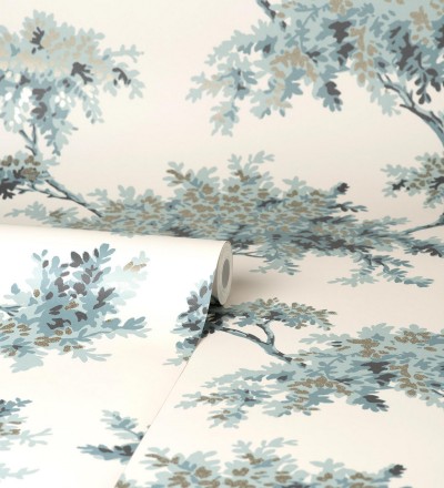 Papel pintado de árboles color mate con algunas hojas con efecto nácar Elwood 681212