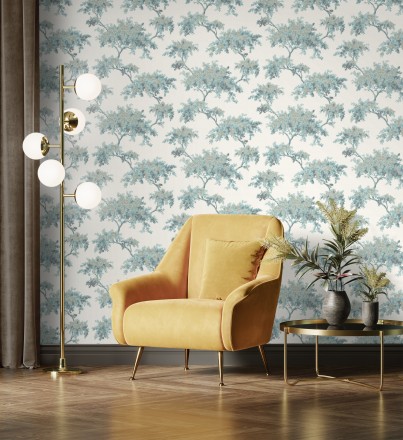 Papel pintado de árboles color mate con algunas hojas con efecto nácar Elwood 681212