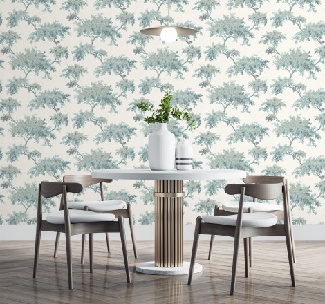 Papel pintado de árboles color mate con algunas hojas con efecto nácar Elwood 681212