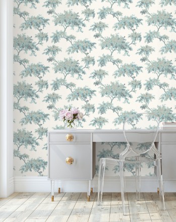 Papel pintado de árboles color mate con algunas hojas con efecto nácar Elwood 681212