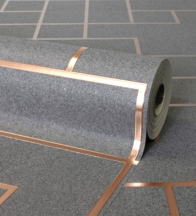Papel pintado geométrico de líneas cobre metalizadas fondo gris oscuro mate estilo Art Decó Goutier 681255