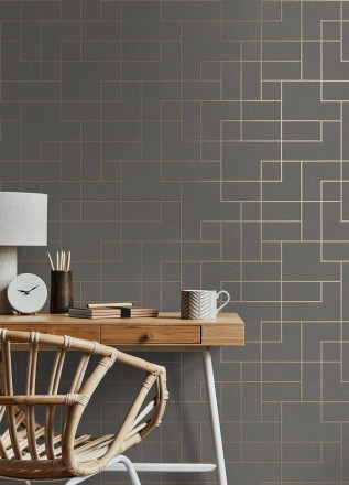 Papel pintado geométrico de líneas cobre metalizadas fondo gris oscuro mate estilo Art Decó Goutier 681255