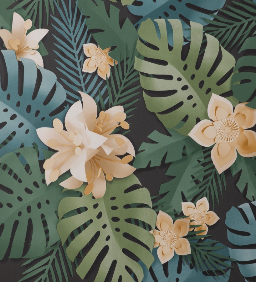 Papel pintado de hojas y flores tropicales Tahiti Leaves 681281