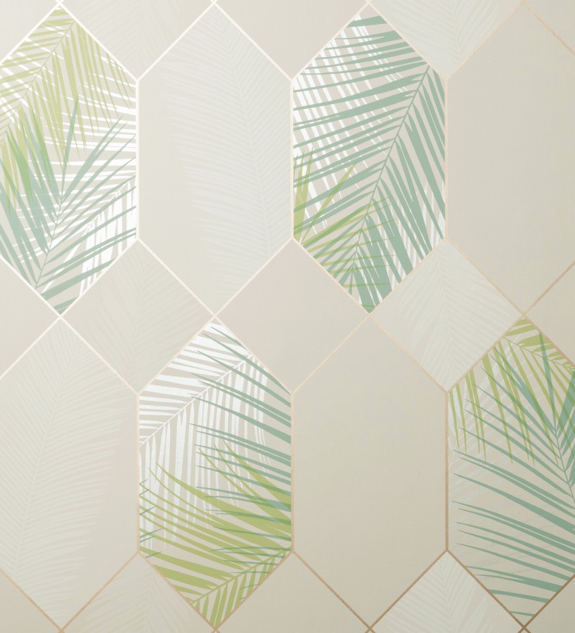 Papel pintado geométrico de hojas tropicales con líneas metalizado estilo Art Decó Tropical Hive 681283
