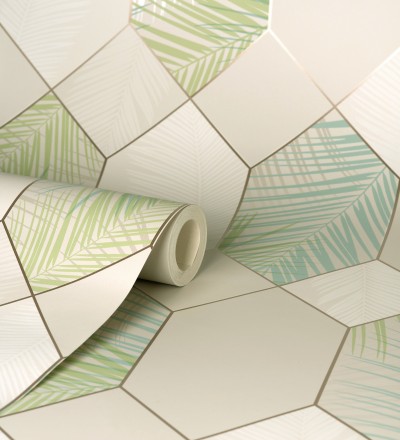 Papel pintado geométrico de hojas tropicales con líneas metalizado estilo Art Decó Tropical Hive 681283