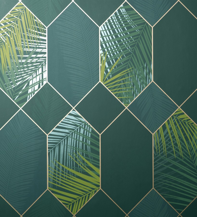Papel pintado geométrico de hojas tropicales con líneas metalizado estilo Art Decó Tropical Hive 681285