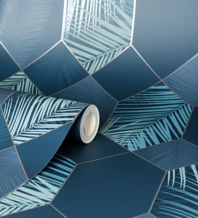 Papel pintado geométrico de hojas tropicales con líneas metalizado estilo Art Decó Tropical Hive 681286