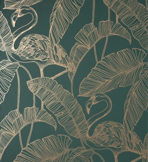 Papel pintado hojas tropicales doradas fondo verde oscuro Luxury Flamand 681301