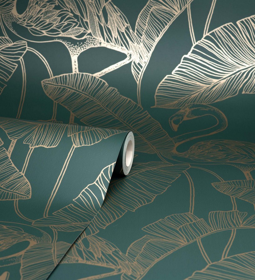 Papel pintado hojas tropicales y flamencos estilo Art Decó Luxury Flamand 681301