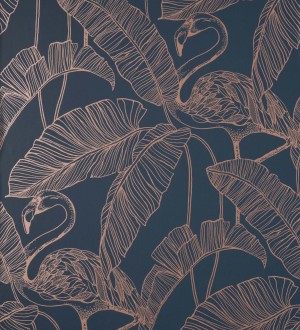 Papel pintado hojas tropicales cobre fondo azul oscuro Luxury Flamand 681302