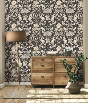 Papel pintado campestre de pájaros y conejos fondo negro Lorraine 681303