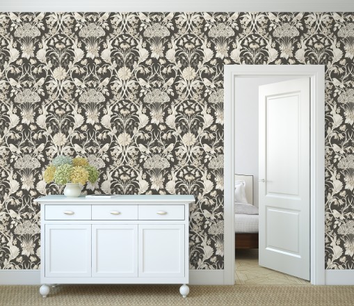 Papel pintado campestre de pájaros y conejos fondo negro Lorraine 681303