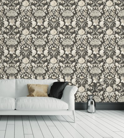 Papel pintado campestre de pájaros y conejos fondo negro Lorraine 681303