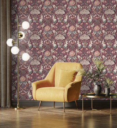 Papel pintado campestre de pájaros y conejos fondo burdeos Lorraine 681304