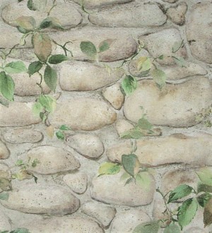 Papel pintado muro de piedra con hojas de hiedra verde caqui Tácito 453848
