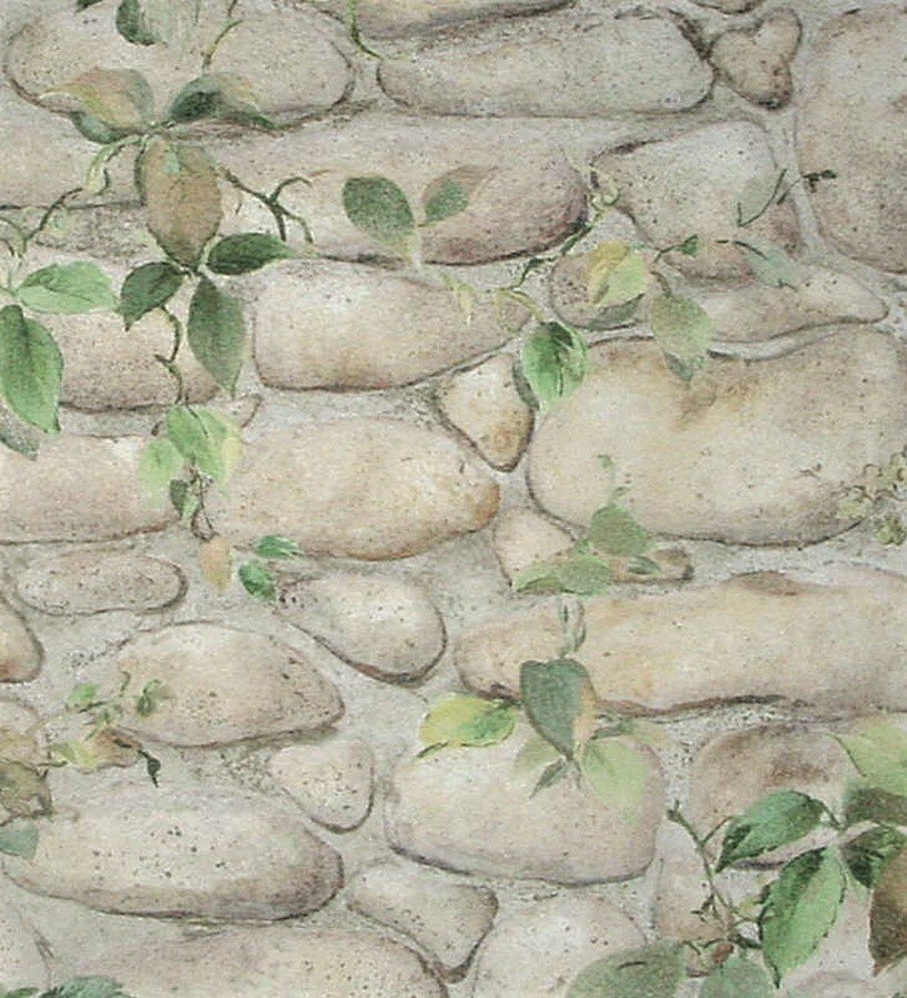 Papel pintado muro de piedra con hojas de hiedra verde caqui Tácito 453848