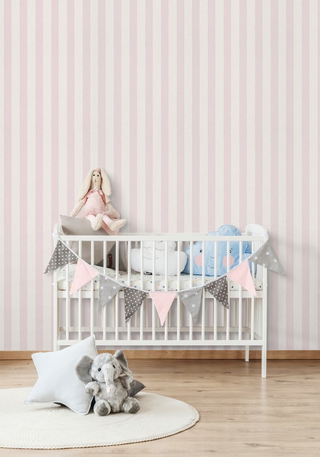 Papel pintado rayas infantiles bicolor rosa claro y blanco Raya Alhena 8711