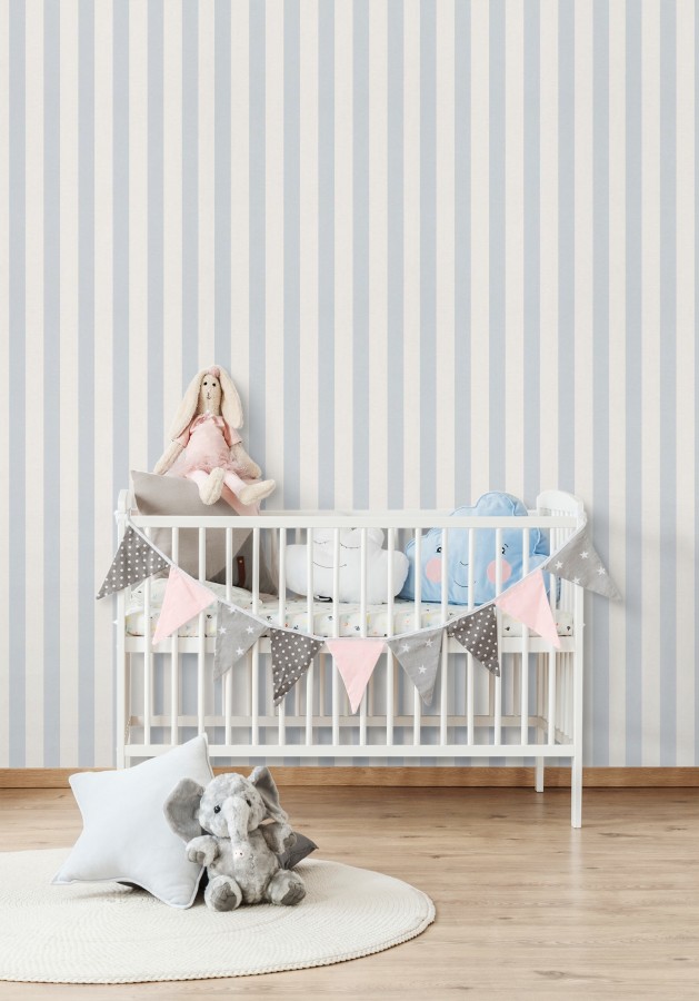 Papel pintado rayas infantiles bicolor celeste grisáceo y blanco Raya Alhena 8712