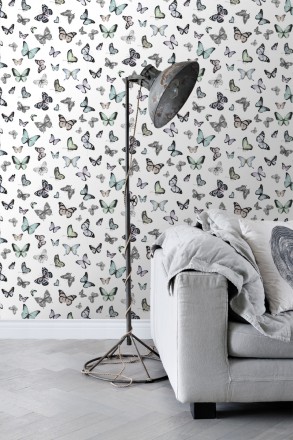 Papel pintado mariposas de colores fondo blanco Natural Dance 677277